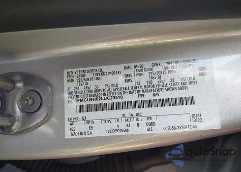 2020 Ford Escape Sel from USA, damaged, VIN 1FMCU9H62LUC23518